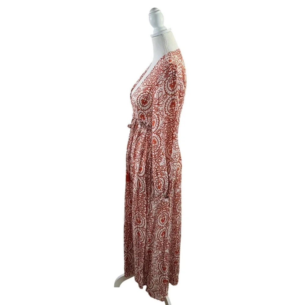 Aakaa Orange and White Paisley Flowy Boho Duster Tie Waist Open Longsleeve XS - Picture 5 of 11